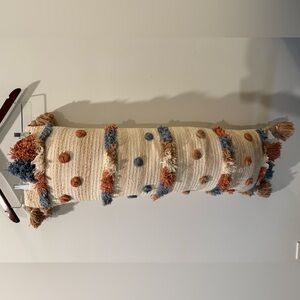 DKNY Textured Cream lumbar Pillow with Pom Poms